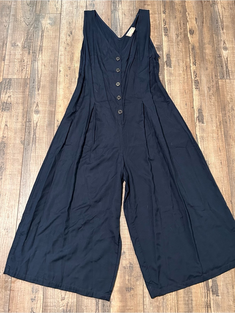 April Cornell Navy Blue Button Up Wide Leg One Piece Jumpsuit Size Large Pleated